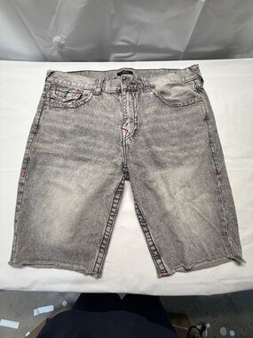 True Religion Gray Washed Denim Shorts with Red Stitching